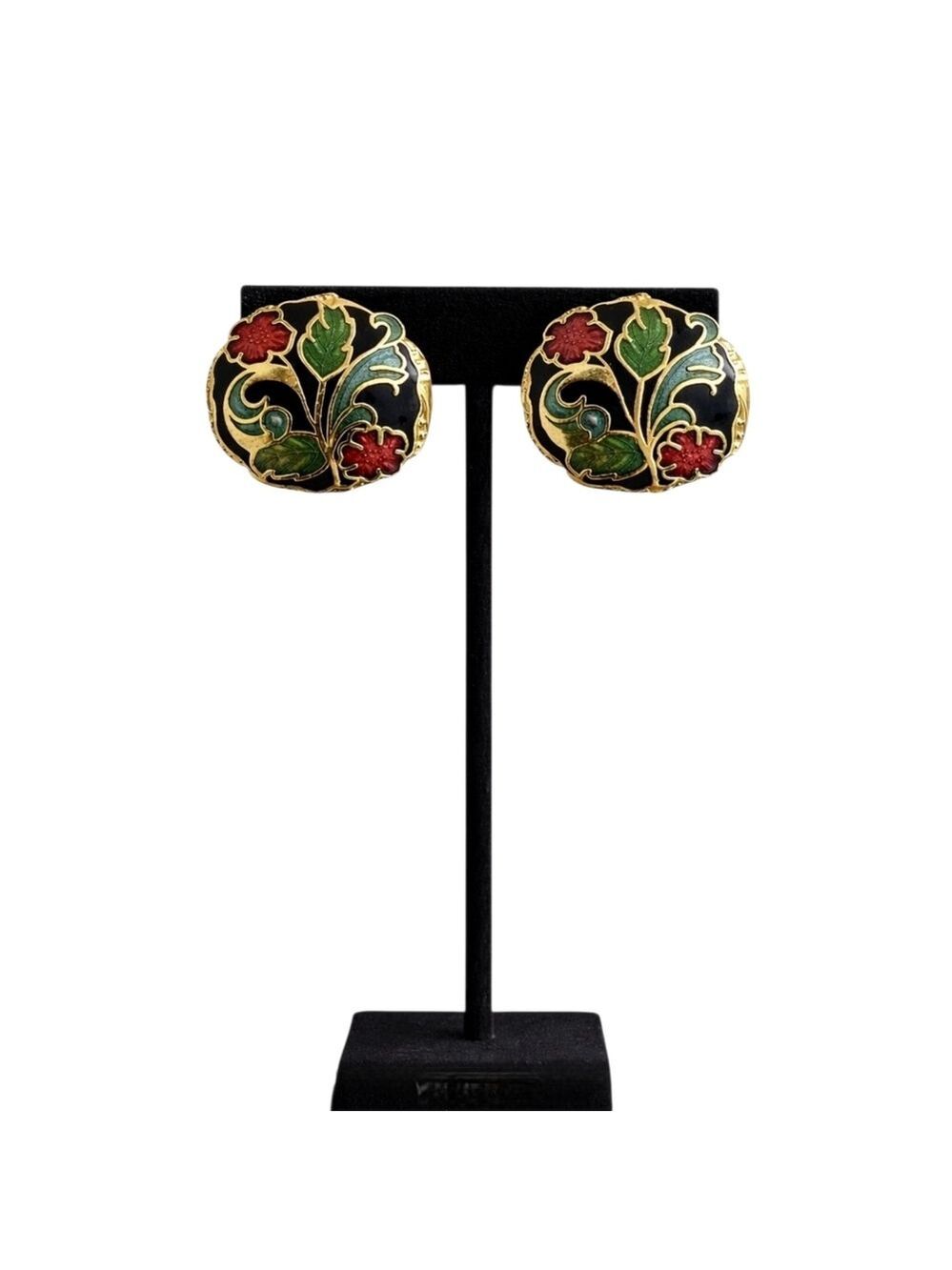 Vintage Cloisonné Floral Enamel Gold-Tone Stud Earrings